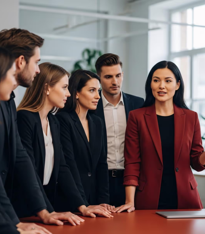 A professional woman in a red blazer leads a focused discussion with a group of diverse colleagues around a table.