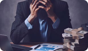 A man in a suit sits at a desk, head in his hands, next to a large stack of cash and financial charts.