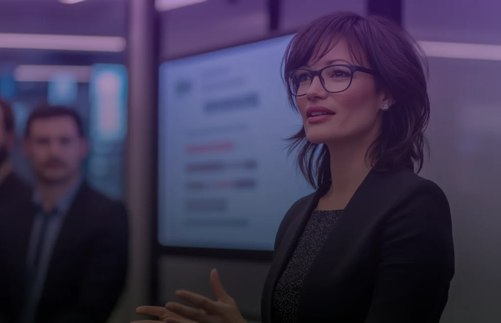 A woman with short brown hair and glasses speaking confidently in a modern, dimly lit office setting.