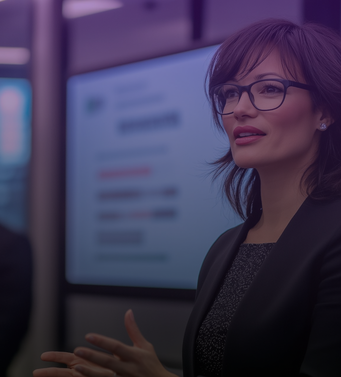A woman with short brown hair and glasses speaking confidently in a modern, dimly lit office setting.