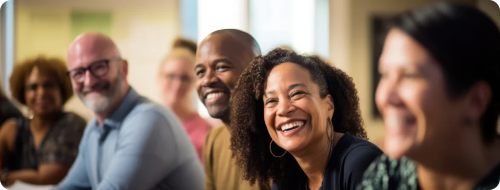 A diverse group of smiling professionals sit in a row during a meeting or seminar, with the focus on a woman laughing in the foreground.